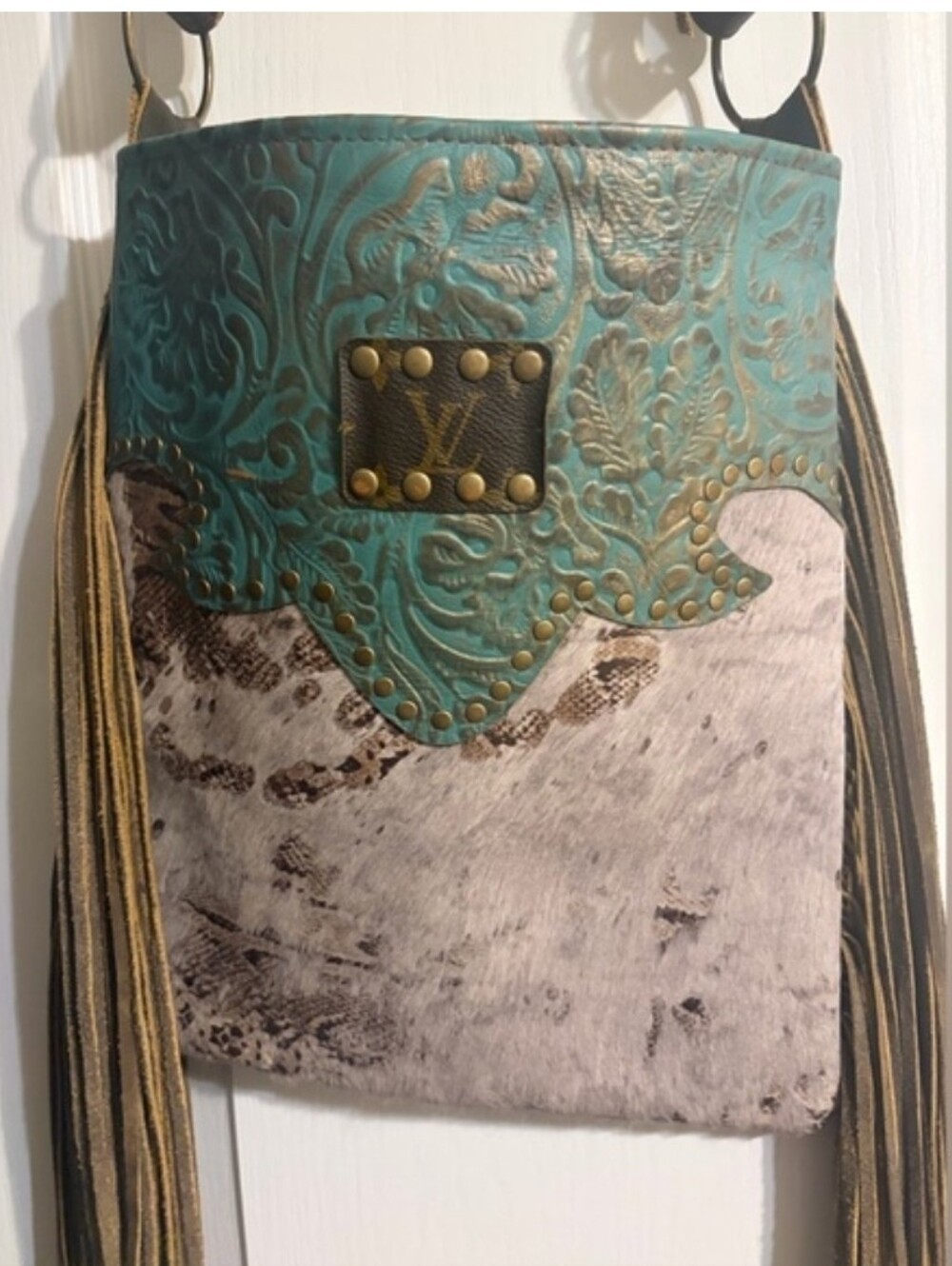 NWOT Keep It Gypsy Fringed upcycled LV Leather Crossbody Bag Turquoise,Tooled